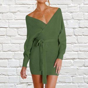 Wrap V Neck Knitted Backless Sweater Dress Army Olive Green With Belt Size Small